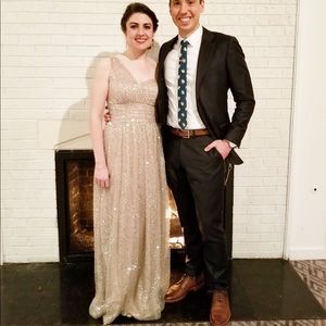 Watters Gold sequined one shoulder gown